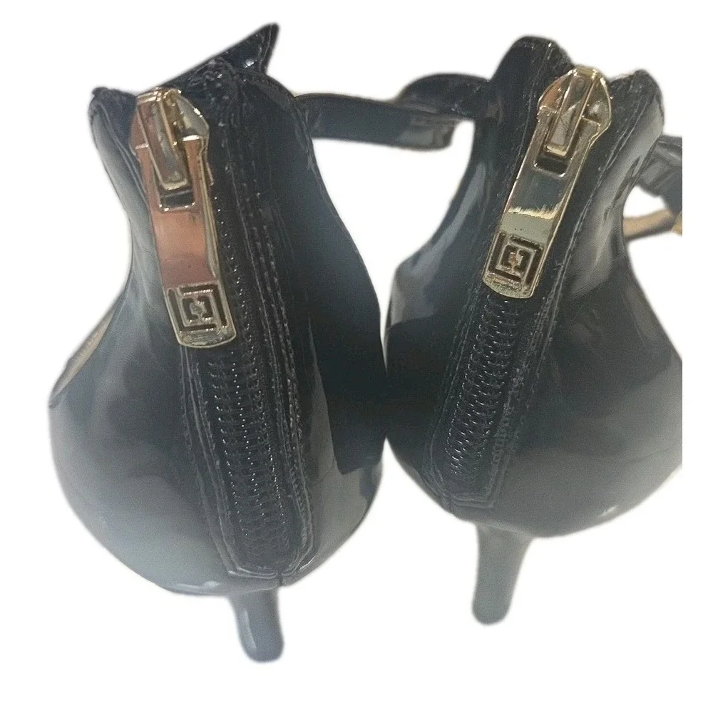 Liz Claiborne Black Strappy Pointed Toe Ankle‎ Strap Back Zip Heels Size 6 1/2